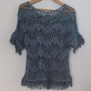 Blue Crochet Knit Top Not Handmade Women's Medium Large Fringe Bohemian